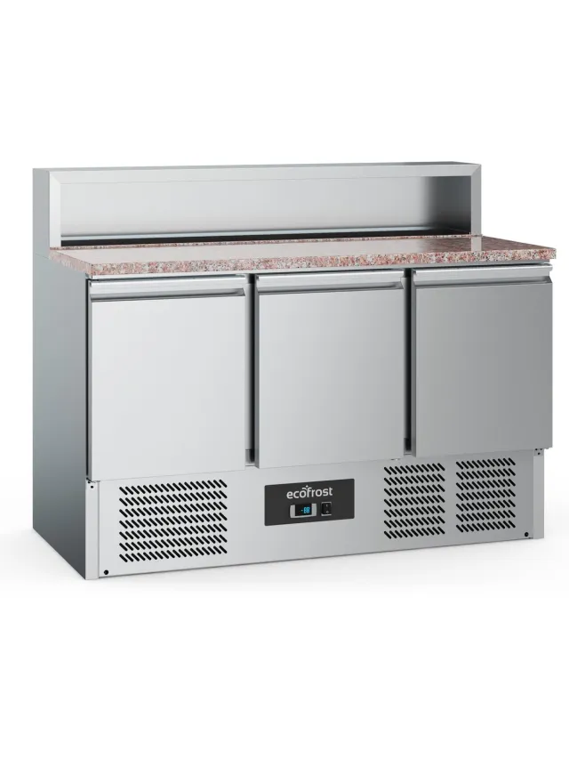 Ecofrost Pizzawerkbank - 402L - 3 Deuren - Boven 8x 1/6 GN - Geventileerd - 1365x700x1075mm - Horeca Oven Grijs