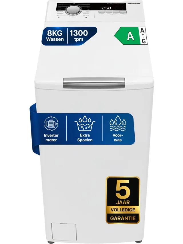 Heinner HWM-TL8013IVA++ Bovenlader Wasmachine 8 kg – 1300 tpm – Inverter Motor – Energieklasse A – 15 Programma’s met 15-minuten Snelprogramma – Trommelreiniging – Wit – 5 Jaar Garantie
