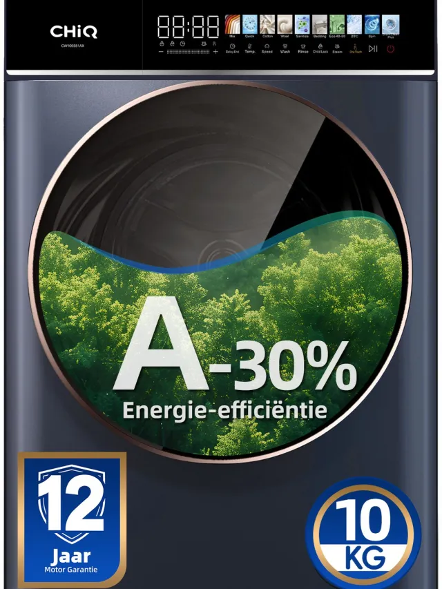 chiq CW106581AX - Wasmachine - 10 KG - Space Pro - A-30% - 13.5 Inch Led-Touchscreen - 12 programma's - AI Smart - Stoomwassen & Quick Wash - 12 jaar garantie op motor Grijs