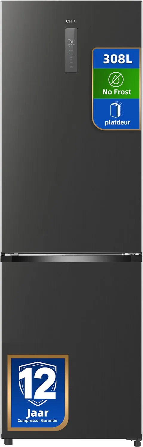chiq CBM310NGC - Koel-vriescombinatie - 308 Liter - No Frost - Digitaal LED Display - C - Plat ontwerp - 185 cm hoog - Zeer stil: 33 dB - 12 Jaar Garantie op Compressor - 2026 Nieuw Zwart