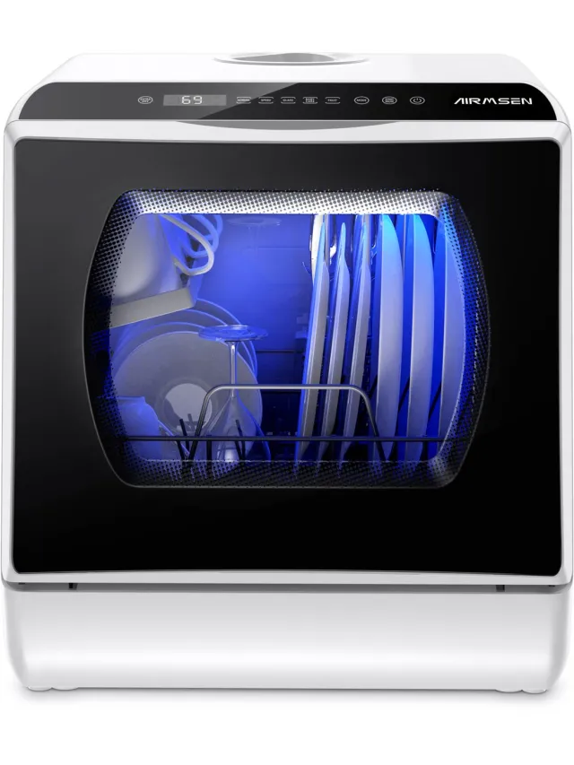 AIRMSEN Mini Vaatwasser 45cm - Zonder Wateraansluiting (5L Tank) - Vrijstaande Tafelmodel Afwasmachine - 4-5 Couverts - 6 Programma's - Wit/Zwart Wit en zwart