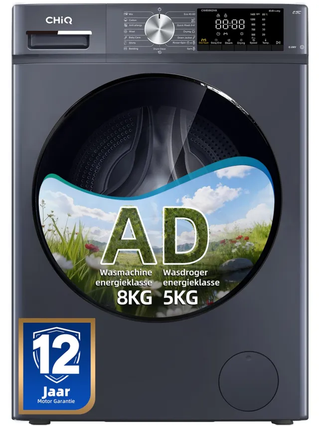 chiq CW85862HX - Was-droogcombinatie - 8+5KG - OneTouch Smart Wash - 15 programma's - Stoom & Allergiezorg - Klasse A/D - 12 jaar garantie op motor - 2026 Nieuw Grijs