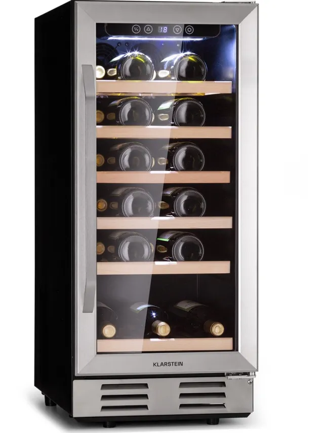 Klarstein Wijnkoelkast vrijstaand, Kleine drankenkoelkast smal, 1 zone wijnkoelkast met glazen deur, Indoor/Outdoor Beersafe, Koelkast klein met uv-bescherming, 5-18°C, 31 flessen Roestvrij Staal