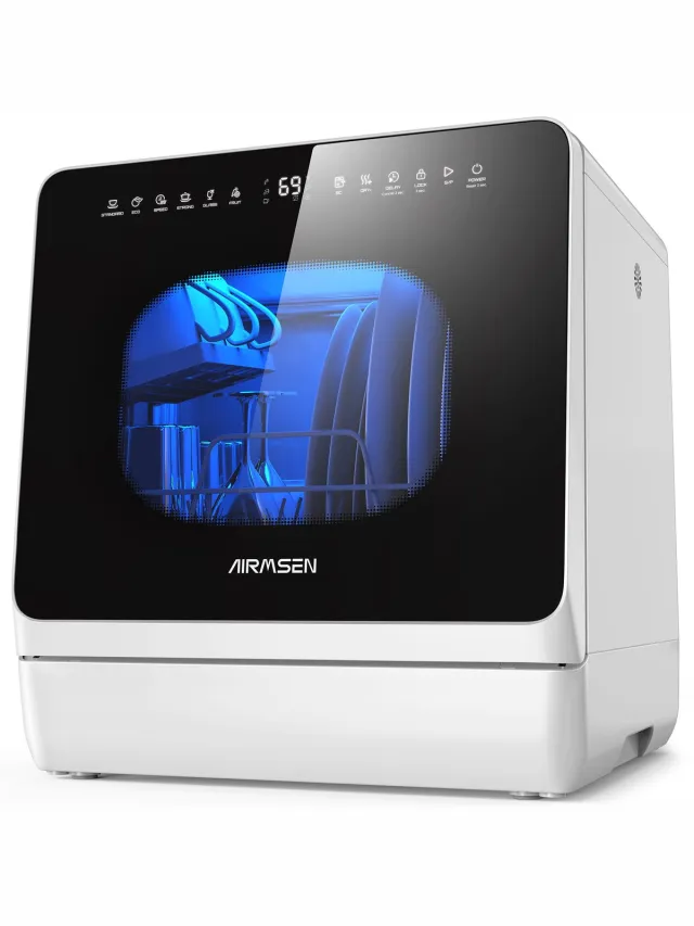 AIRMSEN Mini Vaatwasser 45cm - Zoutreservoir - Startuitstel 1-18 uur - Vrijstaande Tafelmodel Afwasmachine (5L Tank) - 8+3 Programma's - 5 Couverts - Wit/Zwart