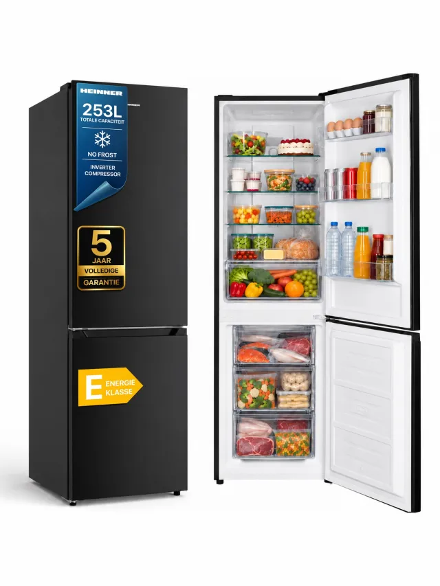Heinner HCNF-HM253INVBKE++ Koel-vriescombinatie 253 L – No Frost – Inverter Motor – Elektronische Bediening – Omkeerbare Deur – Zwart – 5 Jaar Garantie