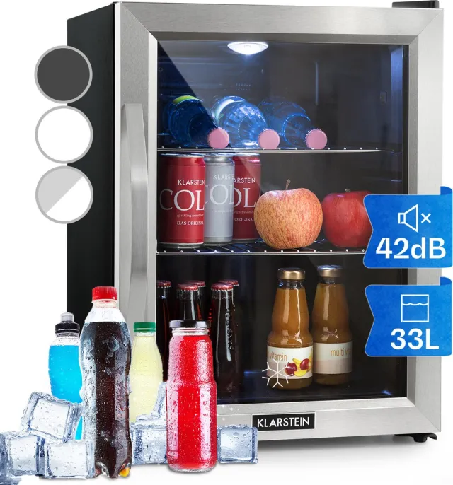 Klarstein Drankkoeler minikoelkast met glazen deur, minikoelkast voor op de kamer, kleine met verstelbare schappen, kleine koelkast van 33 liter, stille koelkast voor binnen en buiten - Drankkoelkast Drankenkoelkast - Touch - Zwart Zilver