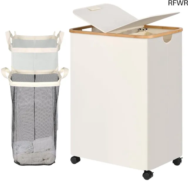 RFWR Wasmand met deksel en wieltjes - 160 liter, 2 vakken voor eenvoudig sorteren Wit