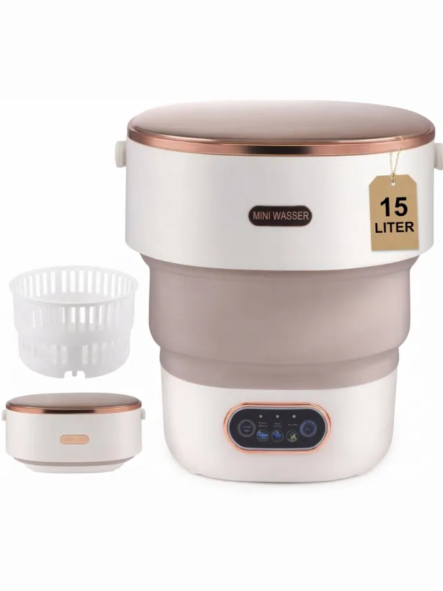 Popalino® Popalino - 15L Camping Wasmachine - Opvouwbare - Mini - Met Centrifuge - Wasmachine-emmer - Reinigingsmachine - Reiswasmachine licht bruin