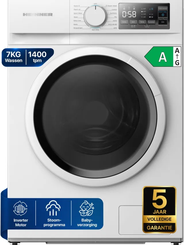 Heinner HWM-M714IVSMNA+++ Smalle Wasmachine 7 kg – 15 Programma’s Met Stoomfunctie – 1400 tpm – Energieklasse A – LED Display – Wit – 5 Jaar Garantie