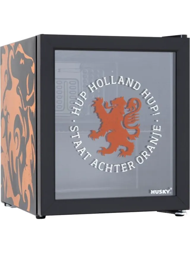 Husky KK50-DUTCHLION - Mini Koelkast - Met Glazen Deur - 46 Liter - 40dB - Oranje - Leeuw Zwart