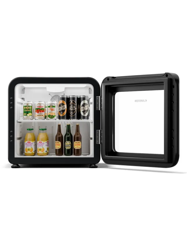 Klarstein Audrey Evo Drankenkoelkast met Glazen Deur - 45L Minikoelkast, Retro Design, Dubbelwandige Deur, LED-verlichting, 0-10 °C, Energieklasse C, Zwart
