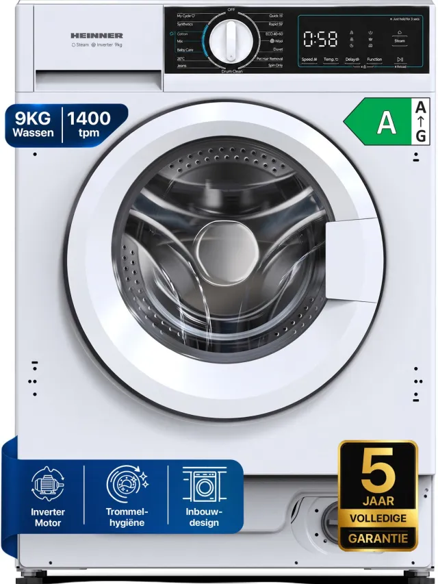 Heinner HWM-BI914IVA+++ Inbouwwasmachine 9 kg – 1400 tpm – Inverter Motor – Energieklasse A – 15 Programma’s met Stoomfunctie – Trommelreiniging – Wit – 5 Jaar Garantie