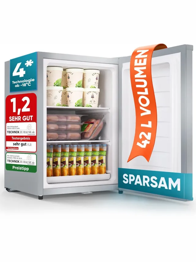 Stillstern Mini vriezer - Klein & Stil - 42 l, mini-diepvrieskist -18 °C met ijsblokjesbakje & slot - Deurscharnier rechts/links - 4-sterren diepvrieskast kleine diepvriezers [energieklasse E] Silber
