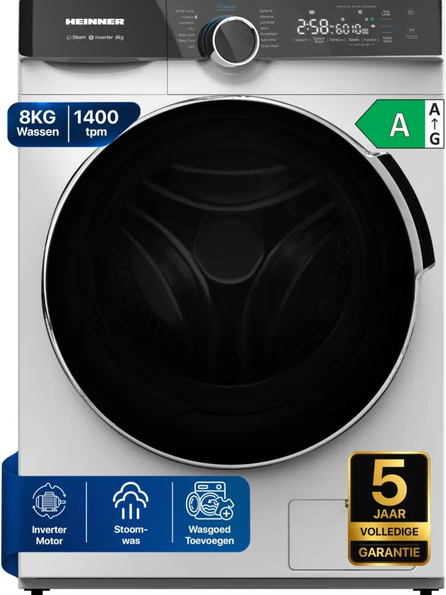 Heinner HWM-M814IVKA++ Wasmachine 8 kg – 1400 tpm – Energieklasse A – Inverter – Stoomprogramma – 15 min Snelprogramma – Startuitstel – Touchbediening – Wit – 5 Jaar Garantie