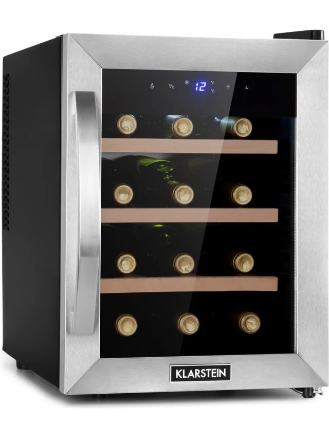 Klarstein wijnkoelkast, drankenkoelkast Schmal, 1 Zone koelkast met , Outdoor GetränkekühlschränkeFreistehend, wijnkoelkast klein, koelkast met UV Schutz, 11 18°C, 12 flessen - 31L 26 dB 48 cm - voor Bar - Touch Stil - Wijnklimaatkast Roestvrij Staal