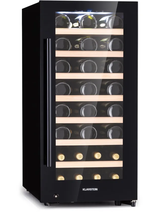 Klarstein Wijnkoelkast vrijstaand, Kleine drankenkoelkast smal, 1 zone wijnkoelkast met glazen deur, Indoor/Outdoor Beersafe, Koelkast klein met uv-bescherming, 5-18°C, 38 flessen Zwart