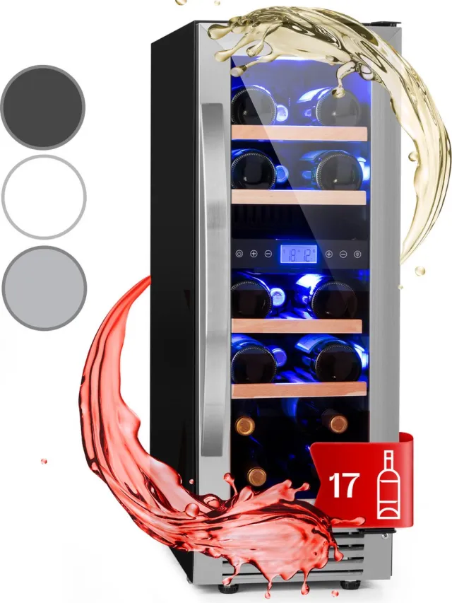 Klarstein Wijnkoeler Wijnkoelkast 2 Zones – 53L Drankenkoelkast Smal – Inbouw Wijnklimaatkast met Glazen Deur – Binnen/Buiten Gebruik – voor 17 Flessen - 29.5 cm - Vrijstaand - Wit - glas - Rood - Wijnkast - Wine Cooler - Wine Fridge Roestvrij Staal