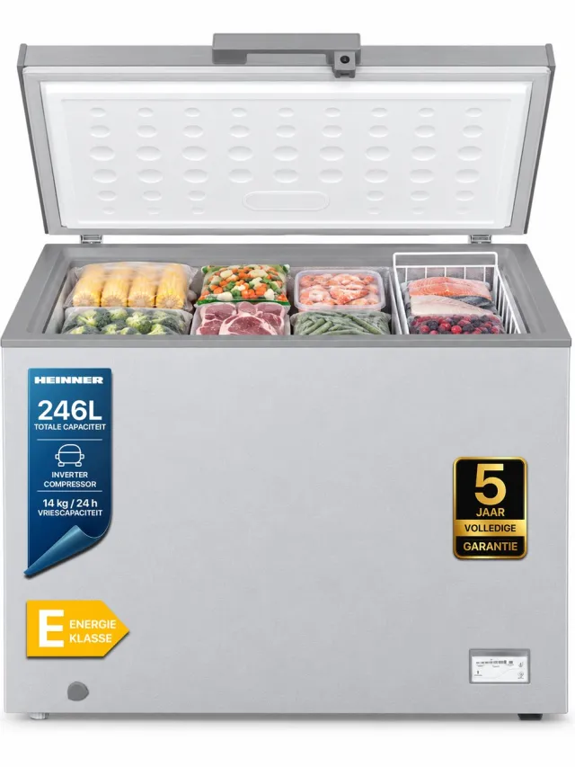 Heinner HCF-HM246CSE++ Vrieskist – 246 L – Convertible (Koelkast/Vriezer) – Elektronische Bediening – Afsluitbaar – Inverter Compressor – Zilver – 5 Jaar Garantie Silver
