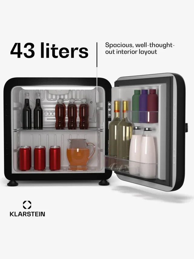 Klarstein Audrey Evo 45L minikoelkast - retro design, stil (40 dB), compressor, verstelbare pootjes, kleine koelkast voor slaapkamers en kantoren, zwart