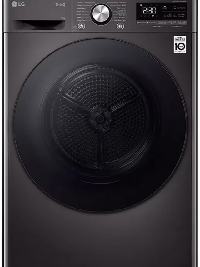 Lg RH90V9ZVEN warmtepompdroger 9kg Zwart - Zelfreinigende condensor - Dual Inverter Heat Pump voor energiezuinig en zorgvuldig drogen - Eco Hybrid, sneller drogen of extra energiebesparing. Energieklasse A+++