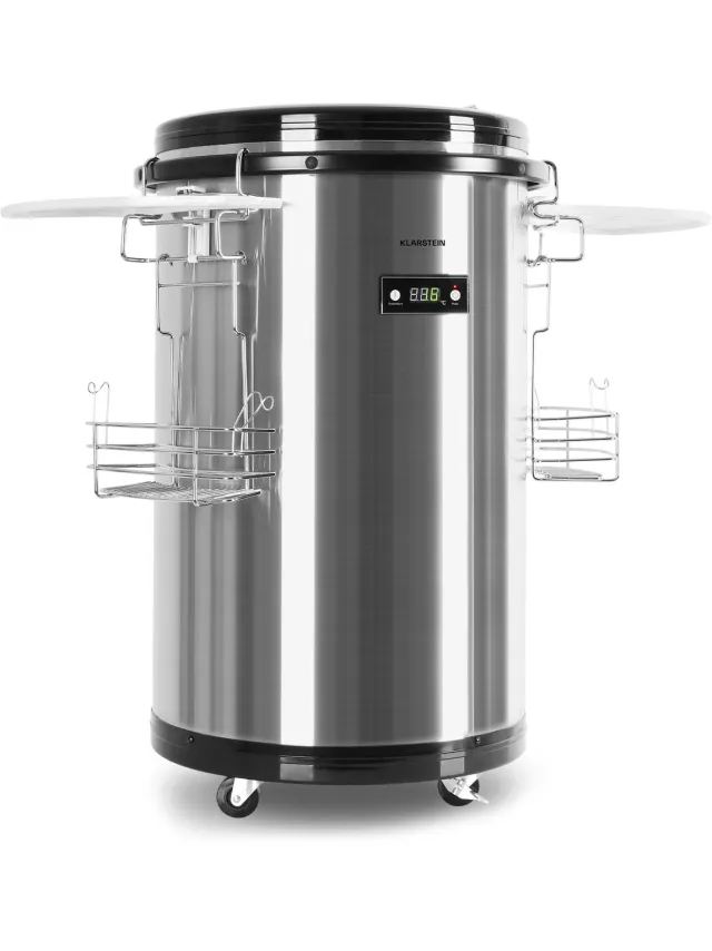 Klarstein Mr. Barbot, Minibar, Mini-koelkast, Drankenkoelkast, Drankvat, F, 50 L, Diameter: ca. 50,8cm, ca. 24kg, nauwkeurige temperatuurregeling via LCD-display mogelijk Zilver
