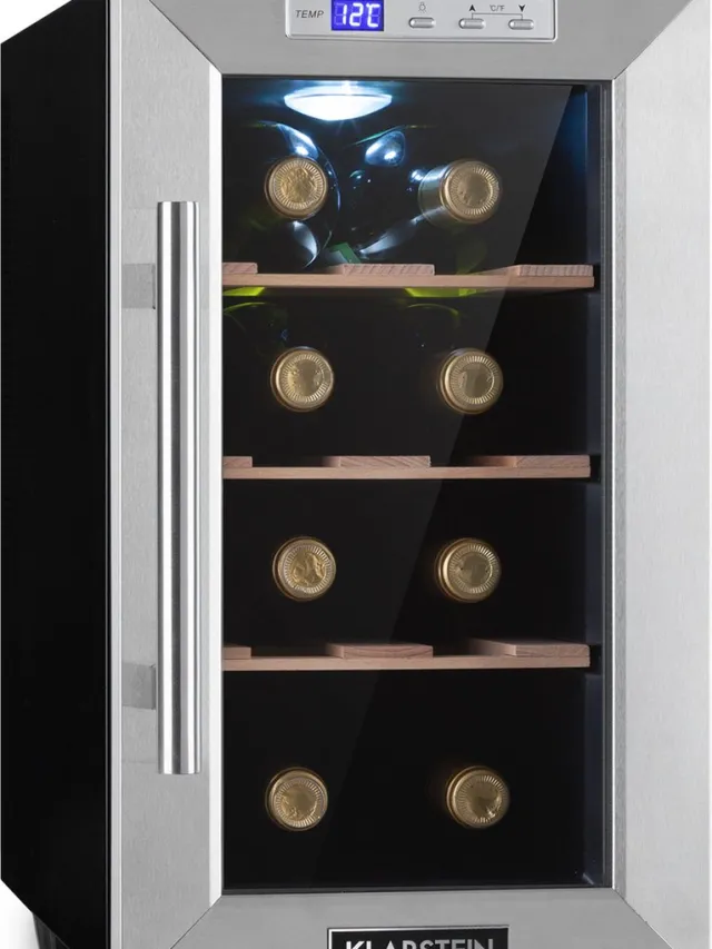 Klarstein Wijnkoelkast, Drankenkoelkast smal, 1 zone koelkast met glazen deur, Outdoor drankenkoelkast vrijstaand, Wijnkoelkast klein, Koelkast met uv-bescherming, 11-18°C, 8 flessen Roestvrij Staal