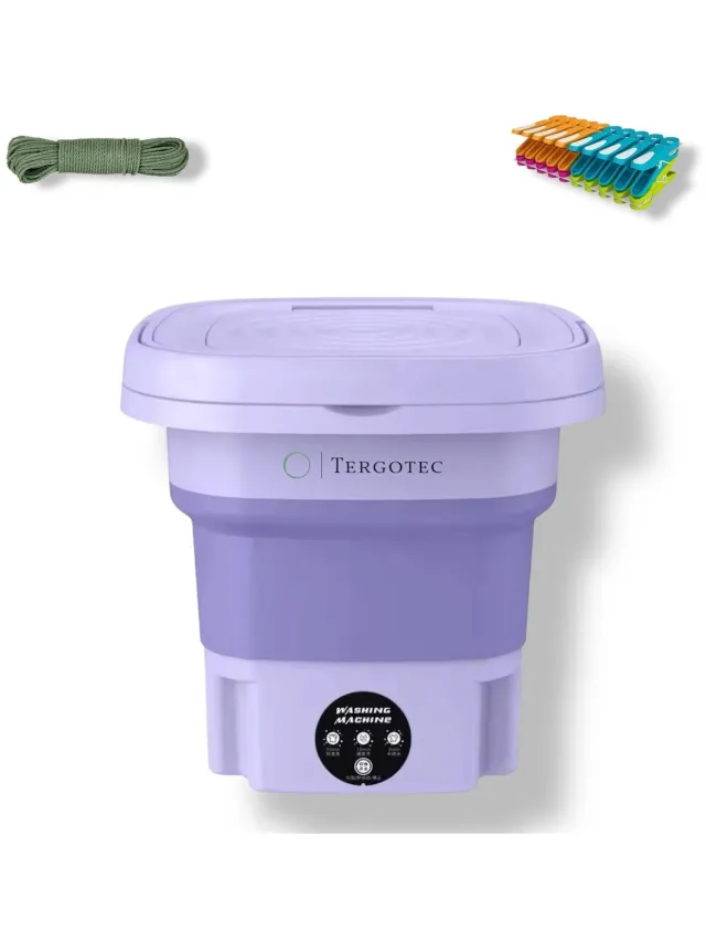Tergotec Fold’n Wash 8 / Premium Draagbare wasmachine / Camping wasmachine / 8L / Inclusief droogrekje, 10 meter waslijn en setje wasknijpers Paars