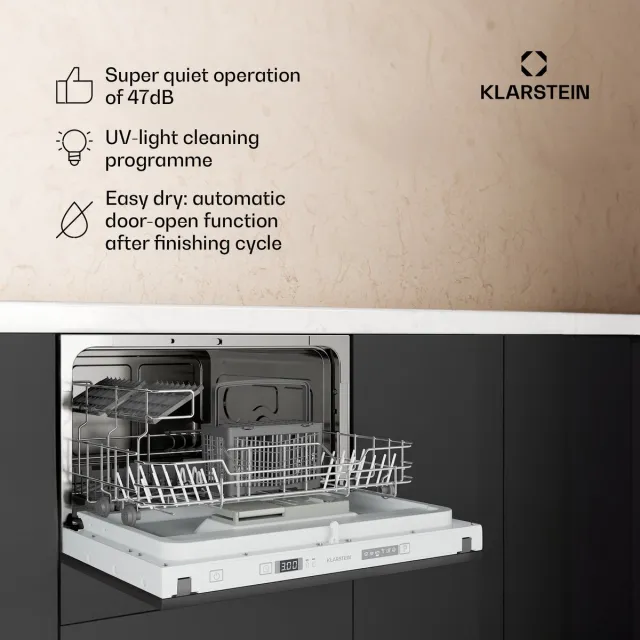 Klarstein Vaatwasser inbouwvaatwasser - Compact model van 45 cm, 6 couverts, UV-hygiëne, AquaStop, energie-efficiëntieklasse D, stil 49 dB, intuïtieve bediening - Vaatwasmachine Compacte - 6 Maatgedekken - voor Keuken - Eco-Programma Zwart
