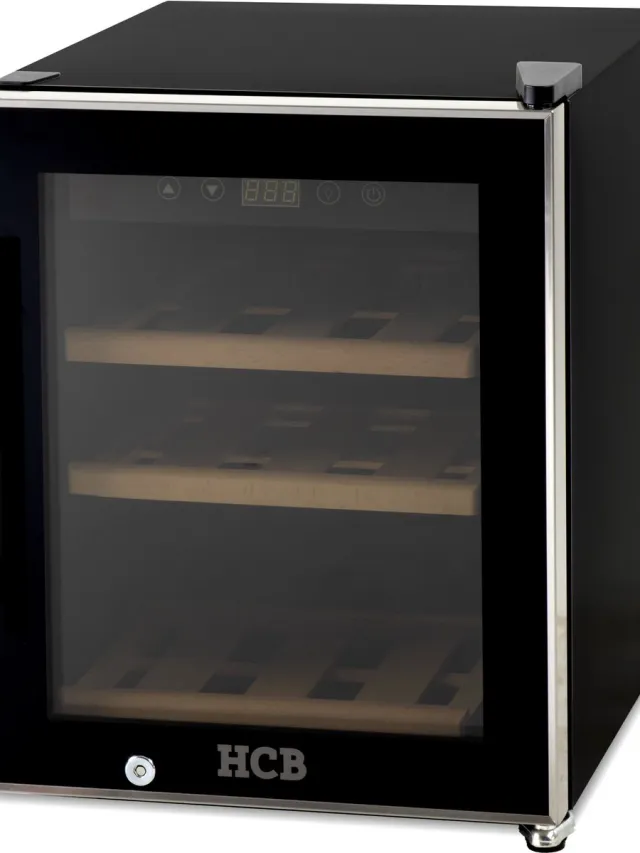 HCB Professionele luxe Wijnkoelkast voor 12 flessen - Wijnklimaatkast met houten lades - Vrijstaand wijn koelkast - Klimaatkast - Wijnkast - Wijnfrigo koeler - 22.3 kg - Frigo - 6808 Zwart - 12 flessen