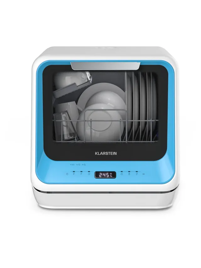 Klarstein Vaatwasser Amazonia Mini - Compact Aanrechtblad, 6 Programma's, 5L Tank of Directe Aansluiting, Energie-efficiëntieklasse D, Stil 58dB, Digitaal Display, Draagbaar Tafelblad voor Kleine Keukens, Blauw - Mini-Vaatwasser - voor Keuken