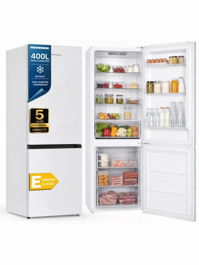 Heinner HCNF-HM400INVE++ Koel-vriescombinatie – 400 L – No Frost – MaxStorage – Dual Inverter Technologie – Elektronische Bediening – Super Freeze – Open-deur Alarm – LED-verlichting – Wit – 5 Jaar Garantie
