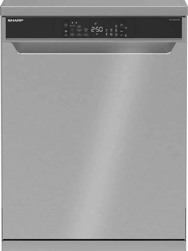 Sharp QWNA25F44BIEU - vrijstaande vaatwasser - energie label B - besteklade + topsproeier - 8 programma's - zilver met RVS deur