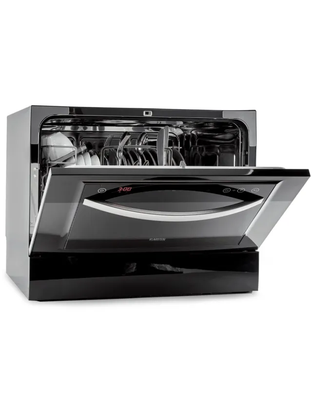Klarstein Vaatwasser mini- voor 6 couverts, stille UV-vaatwasser, compact met 7 wasprogramma's, kleine tafelvaatwasser voor thuis, kantoor, camping, mini-vaatwasser met wateraansluiting - Vaatwasmachine - 6 Maatgedekken 50 cm 1380W - voor Keuken Zwart