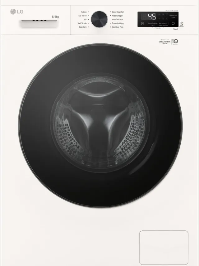 LG W4X1085NWB was‑droogcombinatie 8/5 kg met 6 Motion DD voor optimale stofverzorging - TurboWash 360 voor sneller wassen - Steam voor anti‑allergie en ThinQ slimme bediening. Energieklasse A Essence White