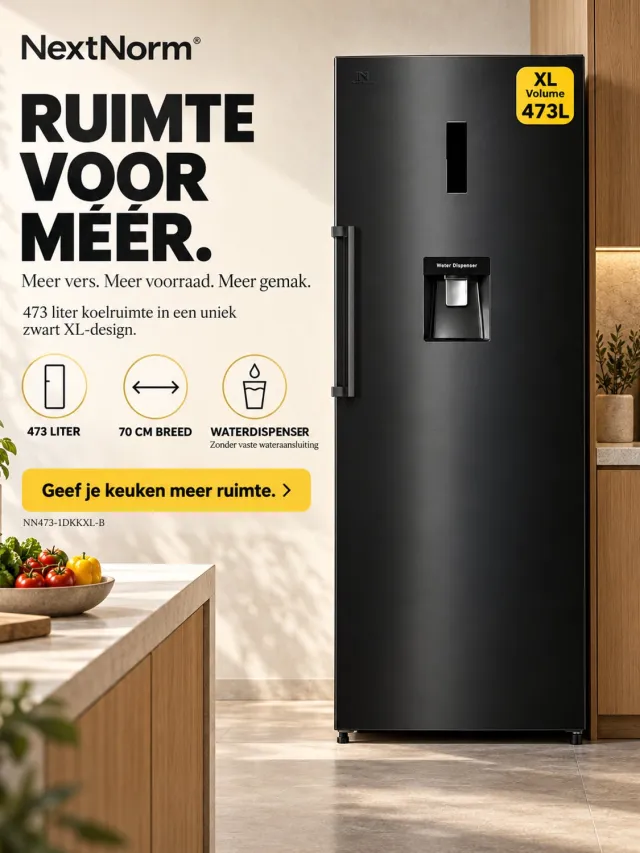 NextNorm NN473-1DVK-B – Luxe XL Enkeldeur Koelkast | Modern | 473L | Black Design | MetalShield | EasyHandle | Display | LedLight Zwart