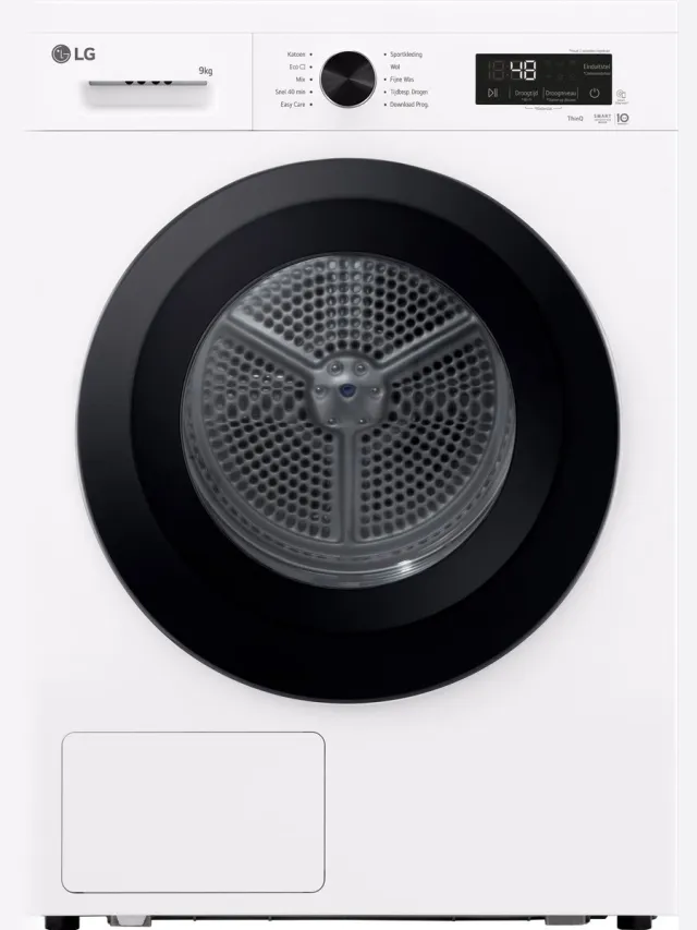 Lg RHX1009NWK warmtepompdroger 9 kg met zelfreinigende condensor voor blijvend optimale prestaties, Sensor Dry voor nauwkeurig en zuinig drogen, Dual Lint Filter voor betere pluisopvang, ThinQ slimme bediening en energiezuinige warmtepomptechnologie Essence Wit
