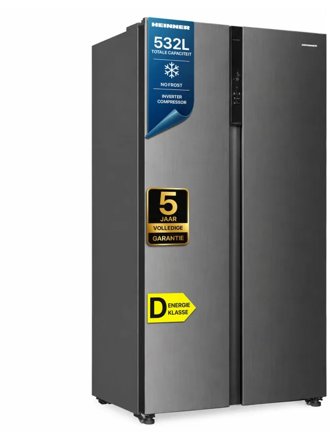 Heinner HSBS-HM532NFINVXD Amerikaanse Side-by-Side Koelkast – 532 L – Inverter No Frost – Smart Eco Functie – LED Touch Display – RVS – 5 Jaar Garantie