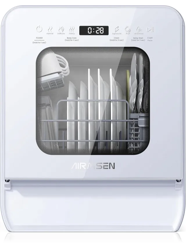 AIRMSEN 37cm Extra Smalle Mini Vrijstaande Vaatwasser- 24u Startuitstel -Zelfreinigingsfunctie - Watertank 5L - 9 Programma's - 4 Couverts - Wit