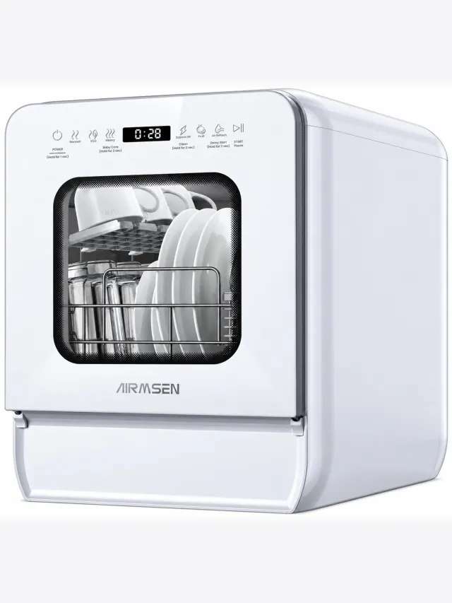 AIRMSEN Tafelvaatwasser met 5L Watertank – 9 Wasprogramma’s – 4 Couverts – 75°C Hygiënewas – 1-24 Uur Startuitstel – Compact 37 cm – Wit