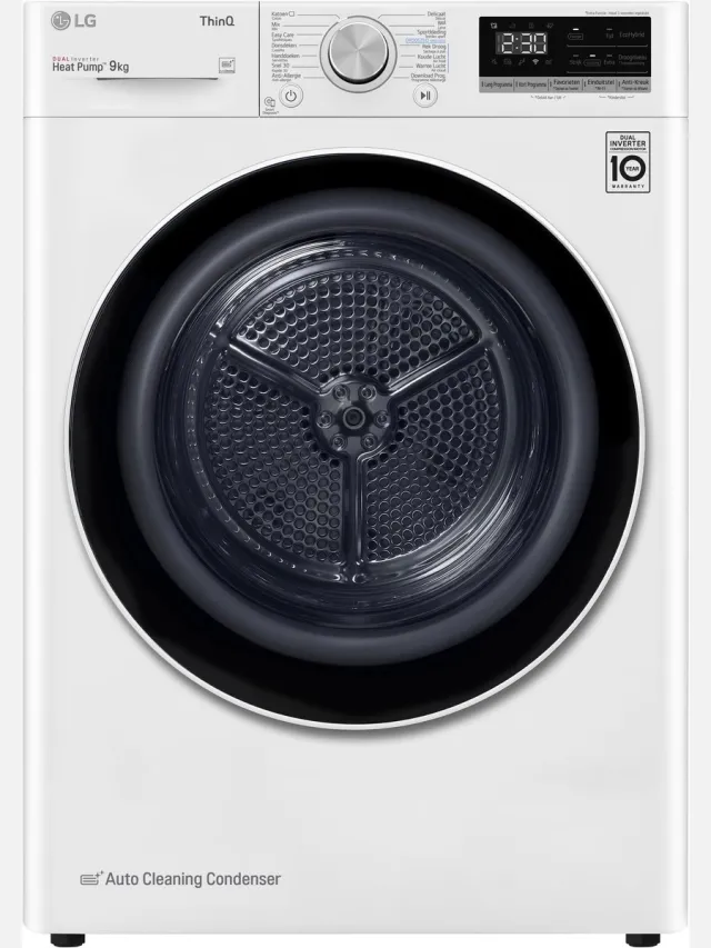 Lg RH90V5AV6N warmtepompdroger 9 kg met Inverter Heat Pump voor energiezuinig en gelijkmatig drogen, Sensor Dry stopt automatisch bij droog, Allergy Care en stille werking. Energieklasse A++ Wit