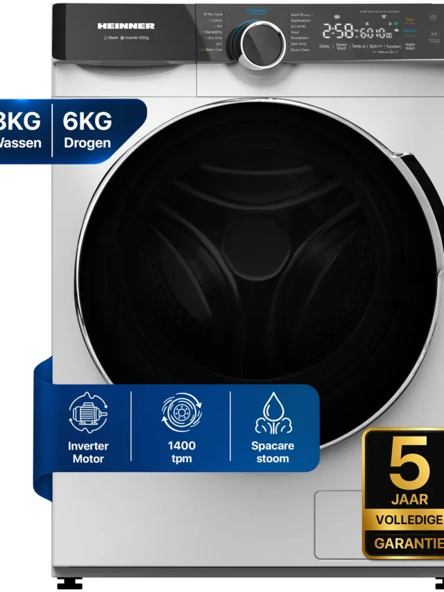 Heinner HWDM-M814IVKA Slanke Was-droogcombinatie - 8 kg Wassen / 6 kg Drogen - 1400 tpm - Stoomfunctie - Energieklasse A/D - Inverter Motor - LED Touch Display - 5 Jaar Garantie - Wit Inox