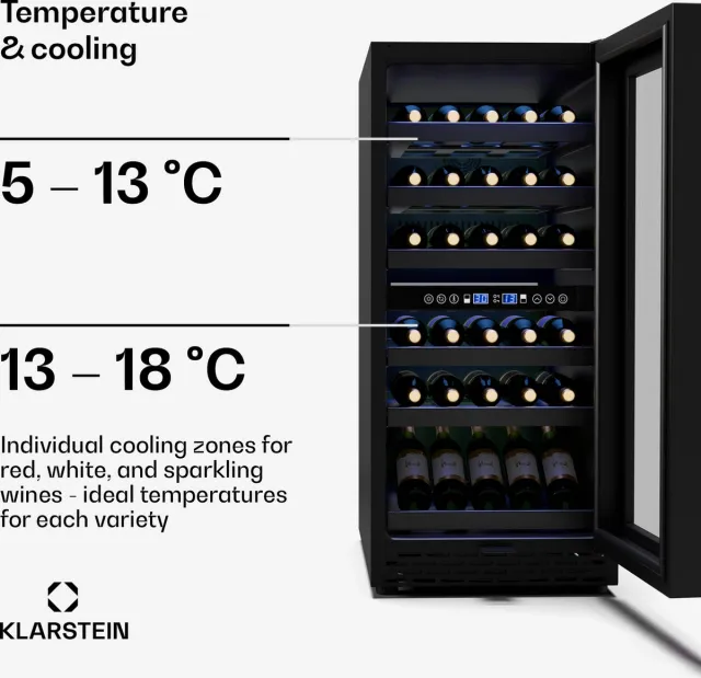 Klarstein Wijnkoeler Vinovilla 30 Duo , 2 zones - 32 flessen, 5-18 °C, LED-touchbediening, stil (39 dB), matzwart, inbouw, verlichte wijnklimaatkast - Wijnkoelkast - voor Wijnliefhebber voor Bar - Houten Schappen - Wijnkast