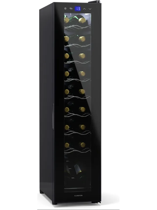 Klarstein Wijnkoeler wijnkoelkast, 1 zone drankkoelkast met glazen deur, geruisloze indoor/outdoor koelkast, kleine 50 L koelkast voor flessen, wijnkast voor dranken, voor 18 flessen - 5-18°C 50 cm - Touch - Wijnklimaatkast Zwart