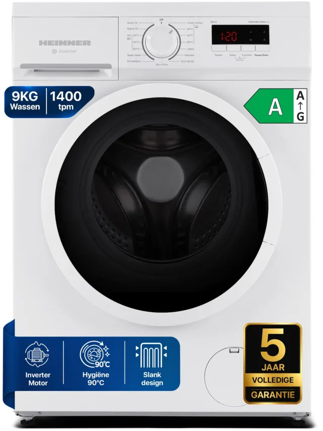 Heinner HWM-M9014SMA+++ Slanke Wasmachine 9 kg - Inverter - 1400 tpm - Energieklasse A - Digitale display - 15 programma’s – Wit – 5 Jaar Garantie