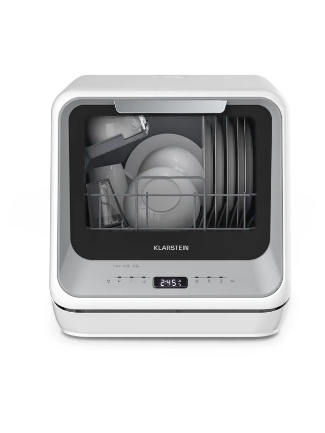 Klarstein Vaatwasser Nanowash Mini - Compact Aanrechtblad, 6 Programma's, 5L Tank of Directe Aansluiting, Energie-efficiëntieklasse D, Stil 58dB, Digitaal Display, Draagbaar Tafelblad voor Kleine Keukens, Zilver - Dishwasher