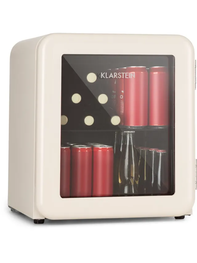 Klarstein Drankkoeler minikoelkast met glazen deur, 48 liter minikoelkast voor kamer en kantoor, kleine met uitneembaar schap, kleine koelkast, binnen-/buitenkoelkast, stille werking, 0-10 °C - Verstelbaar Compact - Drankkoelkast Crème