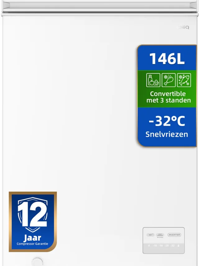 chiq CCF146DWE - Vrieskist - 146 L - Digitaal LED Display - Inverter Technologie - Snelvriezen tot -32°C - Wit - 12 Jaar Garantie op Compressor - 2026 Nieuw Wit-2026