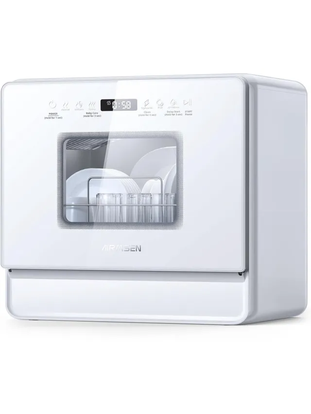 AIRMSEN Ultra Slim Tafelmodel Vaatwasser - 6 Couverts - 5L Tank & Zoutreservoir - 9 Prog. incl. Babycare & Stoom - Hetelucht Drogen - 3 Sproeiarmen - Vrijstaande Afwasmachine - Wit A01-Wit