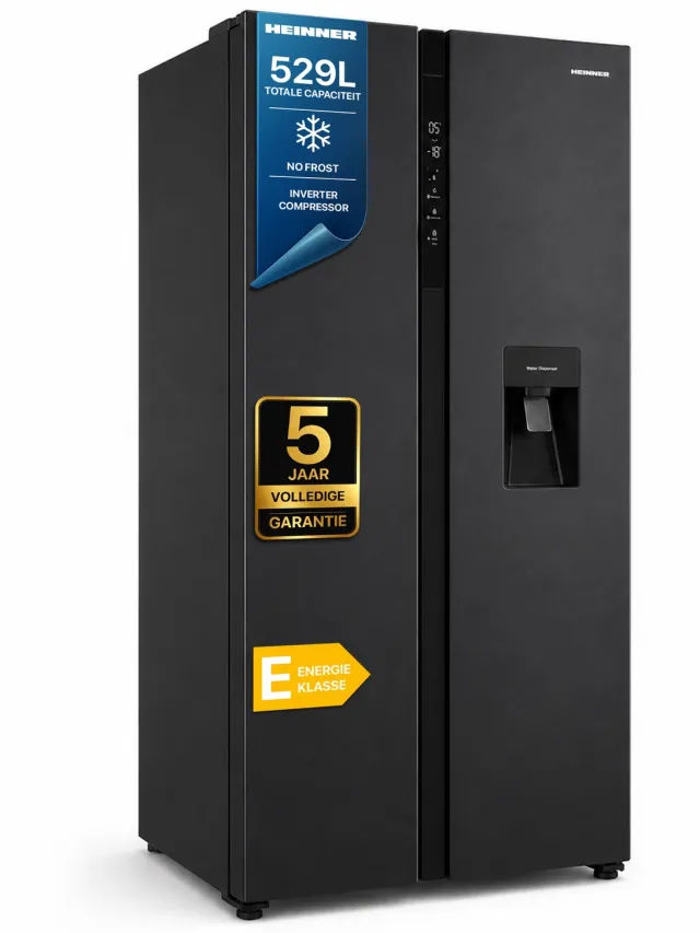 Heinner HSBS-HM529NFBKWDE++ Amerikaanse Side-by-Side Koelkast met Waterdispenser – 529 L – Full No Frost – LED Touch Display – Eco Functie – Zwart – 5 Jaar Garantie