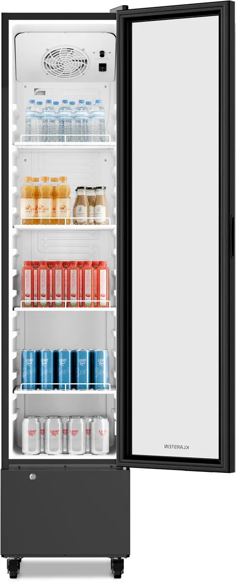 Klarstein Drankkoeler GrandCooler commerciële koelkast 220 L – met LED-verlichting (wit/blauw), instelbare temperatuur 0–10 °C, 4 planken - Drankenkoelkast - voor Bar - Thermostaat - Drankkoelkast - Drankenkoeler - Beverage Cooler Zwart